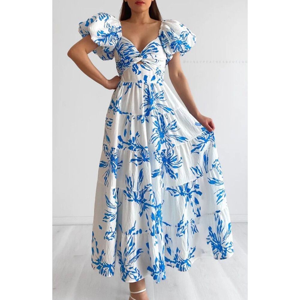 Blue White Floral Puff Sleeve Tiered Midi Dress Smocked Back Approx Womens Small